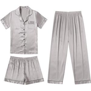 Ekouaer Silk Pajamas for Women Set Satin Pjs Soft Short Sleeve Button Down Sleepwear 3 Piece Loungewear S-XXL(Light Grey)