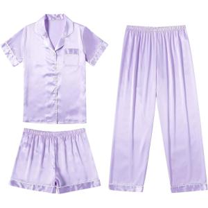 Ekouaer Silk Pajamas for Women Set Satin Pjs Soft Short Sleeve Button Down Sleepwear 3 Piece Loungewear S-XXL(Lilac)