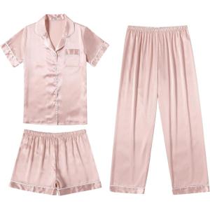 Ekouaer Silk Pajamas for Women Set Satin Pjs Soft Short Sleeve Button Down Sleepwear 3 Piece Loungewear S-XXL(Lotus Pink)
