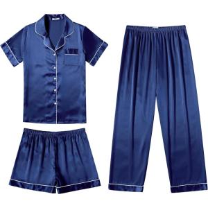 Ekouaer Silk Pajamas for Women Set Satin Pjs Soft Short Sleeve Button Down Sleepwear 3 Piece Loungewear S-XXL(Navy Blue)