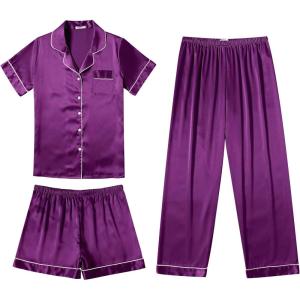 Ekouaer Silk Pajamas for Women Set Satin Pjs Soft Short Sleeve Button Down Sleepwear 3 Piece Loungewear S-XXL(Purple)