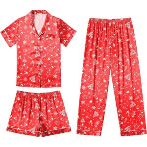 Ekouaer Silk Pajamas for Women Set Satin Pjs Soft Short Sleeve Button Down Sleepwear 3 Piece Loungewear S-XXL(Red Christmas)