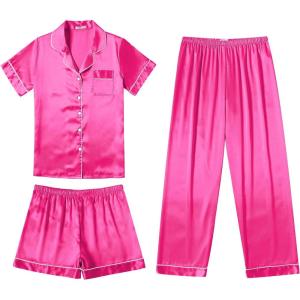 Ekouaer Silk Pajamas for Women Set Satin Pjs Soft Short Sleeve Button Down Sleepwear 3 Piece Loungewear S-XXL(Rose Red)