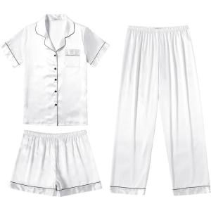 Ekouaer Silk Pajamas for Women Set Satin Pjs Soft Short Sleeve Button Down Sleepwear 3 Piece Loungewear S-XXL(White)