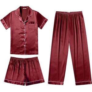 Ekouaer Silk Pajamas for Women Set Satin Pjs Soft Short Sleeve Button Down Sleepwear 3 Piece Loungewear S-XXL(Wine Red)