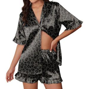 Ekouaer Silk Satin Pajamas for Women Print 2 Piece Button Down Pjs Shorts Set Ruffle Sleepwear(Gray Leopard)