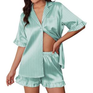 Ekouaer Silk Satin Pajamas for Women Print 2 Piece Button Down Pjs Shorts Set Ruffle Sleepwear(Green White Stripes)