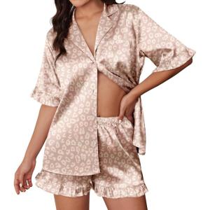 Ekouaer Silk Satin Pajamas for Women Print 2 Piece Button Down Pjs Shorts Set Ruffle Sleepwear(Khaki Leopard)