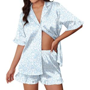 Ekouaer Silk Satin Pajamas for Women Print 2 Piece Button Down Pjs Shorts Set Ruffle Sleepwear(Light Blue Leopard)