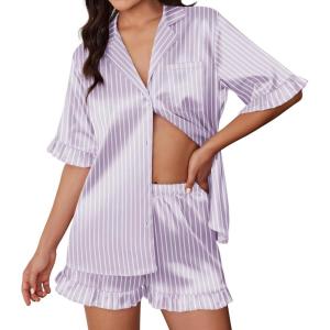 Ekouaer Silk Satin Pajamas for Women Print 2 Piece Button Down Pjs Shorts Set Ruffle Sleepwear(Purple White Stripes)