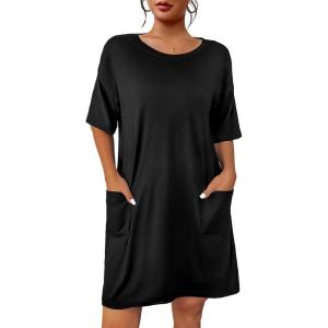 Ekouaer Sleep Shirts for Women Nightgown Short Sleeves T shirt Night Dress Round Neck Womans Nightgown with Pocket S-XXL(Black)