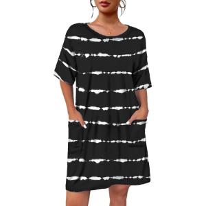 Ekouaer Sleep Shirts for Women Nightgown Short Sleeves T shirt Night Dress Round Neck Womans Nightgown with Pocket S-XXL(Black Stripe)