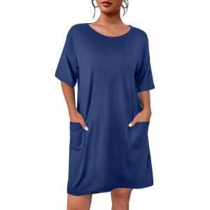 Ekouaer Sleep Shirts for Women Nightgown Short Sleeves T shirt Night Dress Round Neck Womans Nightgown with Pocket S-XXL(Blue)