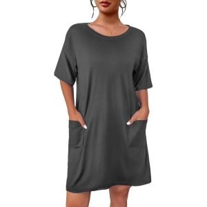Ekouaer Sleep Shirts for Women Nightgown Short Sleeves T shirt Night Dress Round Neck Womans Nightgown with Pocket S-XXL(Grey)