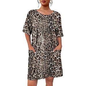 Ekouaer Sleep Shirts for Women Nightgown Short Sleeves T shirt Night Dress Round Neck Womans Nightgown with Pocket S-XXL(Leopard)