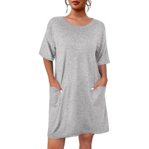 Ekouaer Sleep Shirts for Women Nightgown Short Sleeves T shirt Night Dress Round Neck Womans Nightgown with Pocket S-XXL(Light Grey)