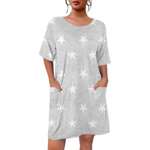 Ekouaer Sleep Shirts for Women Nightgown Short Sleeves T shirt Night Dress Round Neck Womans Nightgown with Pocket S-XXL(Light Grey Star)