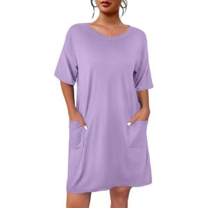 Ekouaer Sleep Shirts for Women Nightgown Short Sleeves T shirt Night Dress Round Neck Womans Nightgown with Pocket S-XXL(Lilac)
