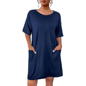 Ekouaer Sleep Shirts for Women Nightgown Short Sleeves T shirt Night Dress Round Neck Womans Nightgown with Pocket S-XXL(Navy Blue)