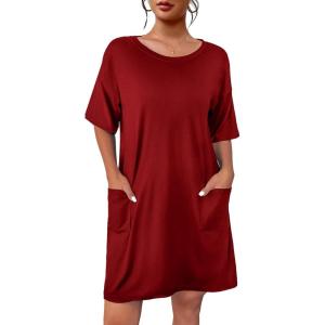 Ekouaer Sleep Shirts for Women Nightgown Short Sleeves T shirt Night Dress Round Neck Womans Nightgown with Pocket S-XXL(Wine Red)