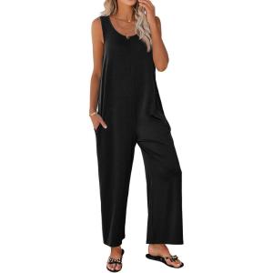 Ekouaer Sleeveless Jumpsuits for Women Scoop Neck Casual Tank Rompers Wide Leg Pants Overalls with Pockets(Black)