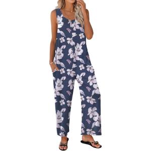 Ekouaer Sleeveless Jumpsuits for Women Scoop Neck Casual Tank Rompers Wide Leg Pants Overalls with Pockets(Blue/White Flower)