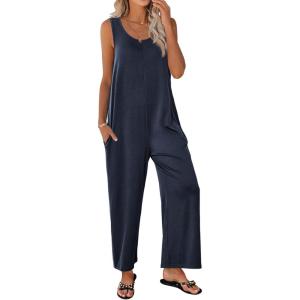 Ekouaer Sleeveless Jumpsuits for Women Scoop Neck Casual Tank Rompers Wide Leg Pants Overalls with Pockets(Navy Blue)