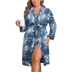 Ekouaer Women Plus Size Robe Knee Length Lightweight Bathrobe Short Kimono Robes with Pockets Maternity Robe 1X-5X(Blue Tie Dye)
