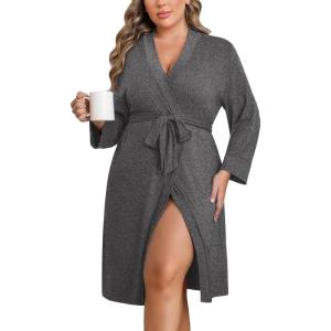 Ekouaer Women Plus Size Robe Knee Length Lightweight Bathrobe Short Kimono Robes with Pockets Maternity Robe 1X-5X(Dark Grey)