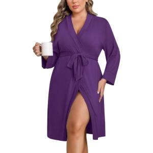 Ekouaer Women Plus Size Robe Knee Length Lightweight Bathrobe Short Kimono Robes with Pockets Maternity Robe 1X-5X(Deep Purple)