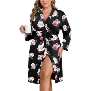 Ekouaer Women Plus Size Robe Knee Length Lightweight Bathrobe Short Kimono Robes with Pockets Maternity Robe 1X-5X(Floral Black)