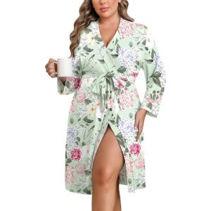 Ekouaer Women Plus Size Robe Knee Length Lightweight Bathrobe Short Kimono Robes with Pockets Maternity Robe 1X-5X(Green Flower)
