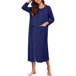 Ekouaer Women Robe Zippered 3/4 Sleeve Knit Bathrobe Soft Full Length Loungewear Robes with Pockets