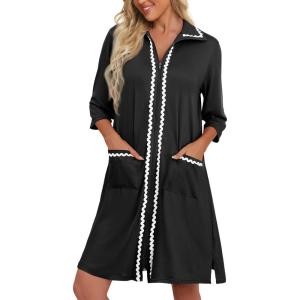Ekouaer Women Zipper Robe Lightweight House Coat Zipper Front Short Bathrobes Soft Nightgown with Pockets S-3XL(Black)