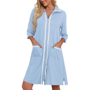 Ekouaer Women Zipper Robe Lightweight House Coat Zipper Front Short Bathrobes Soft Nightgown with Pockets S-3XL(Light Blue)