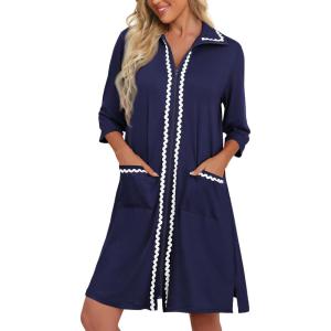 Ekouaer Women Zipper Robe Lightweight House Coat Zipper Front Short Bathrobes Soft Nightgown with Pockets S-3XL(Navy Blue)