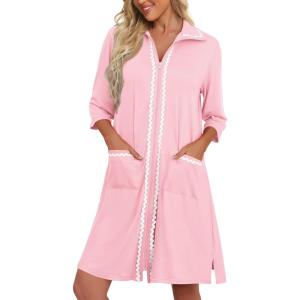 Ekouaer Women Zipper Robe Lightweight House Coat Zipper Front Short Bathrobes Soft Nightgown with Pockets S-3XL(Pink)