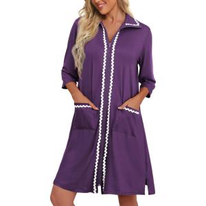 Ekouaer Women Zipper Robe Lightweight House Coat Zipper Front Short Bathrobes Soft Nightgown with Pockets S-3XL(Purple)