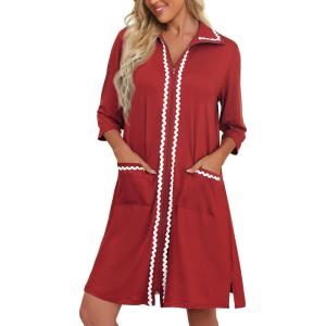 Ekouaer Women Zipper Robe Lightweight House Coat Zipper Front Short Bathrobes Soft Nightgown with Pockets S-3XL(Wine Red)