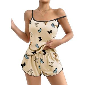 Ekouaer Womens Cami Pajama Sets 2 Piece Cute Print Pjs Soft Tank Top & Elastic Waist Shorts Camisole Lounge Set(Beige Butterfly)