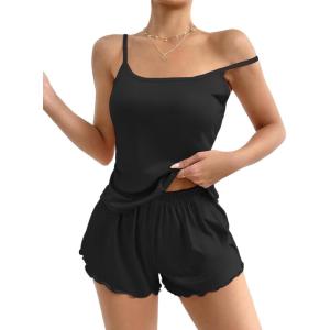 Ekouaer Womens Cami Pajama Sets 2 Piece Cute Print Pjs Soft Tank Top & Elastic Waist Shorts Camisole Lounge Set(Black)