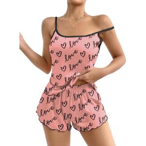Ekouaer Womens Cami Pajama Sets 2 Piece Cute Print Pjs Soft Tank Top & Elastic Waist Shorts Camisole Lounge Set(Black Love)
