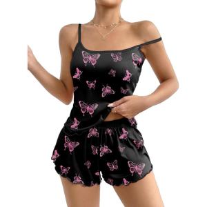 Ekouaer Womens Cami Pajama Sets 2 Piece Cute Print Pjs Soft Tank Top & Elastic Waist Shorts Camisole Lounge Set(Black Pink Butterfly)