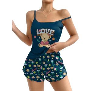 Ekouaer Womens Cami Pajama Sets 2 Piece Cute Print Pjs Soft Tank Top & Elastic Waist Shorts Camisole Lounge Set(Blue Teddy)