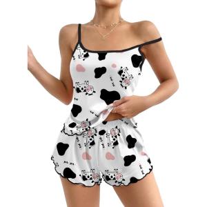 Ekouaer Womens Cami Pajama Sets 2 Piece Cute Print Pjs Soft Tank Top & Elastic Waist Shorts Camisole Lounge Set(Cow)