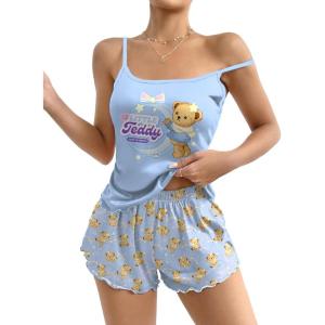 Ekouaer Womens Cami Pajama Sets 2 Piece Cute Print Pjs Soft Tank Top & Elastic Waist Shorts Camisole Lounge Set(Light Blue Teddy)