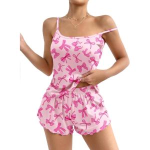 Ekouaer Womens Cami Pajama Sets 2 Piece Cute Print Pjs Soft Tank Top & Elastic Waist Shorts Camisole Lounge Set(Pink Bows)