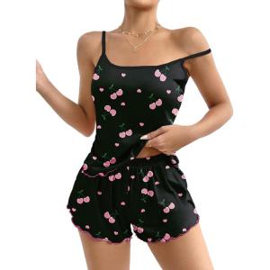 Ekouaer Womens Cami Pajama Sets 2 Piece Cute Print Pjs Soft Tank Top & Elastic Waist Shorts Camisole Lounge Set(Pink Cherry)