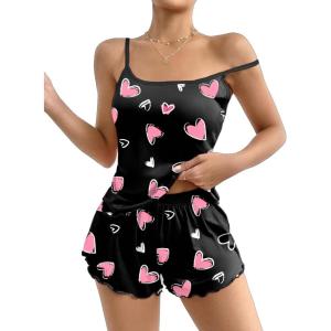 Ekouaer Womens Cami Pajama Sets 2 Piece Cute Print Pjs Soft Tank Top & Elastic Waist Shorts Camisole Lounge Set(Pink Heart)