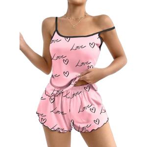 Ekouaer Womens Cami Pajama Sets 2 Piece Cute Print Pjs Soft Tank Top & Elastic Waist Shorts Camisole Lounge Set(Pink Love)